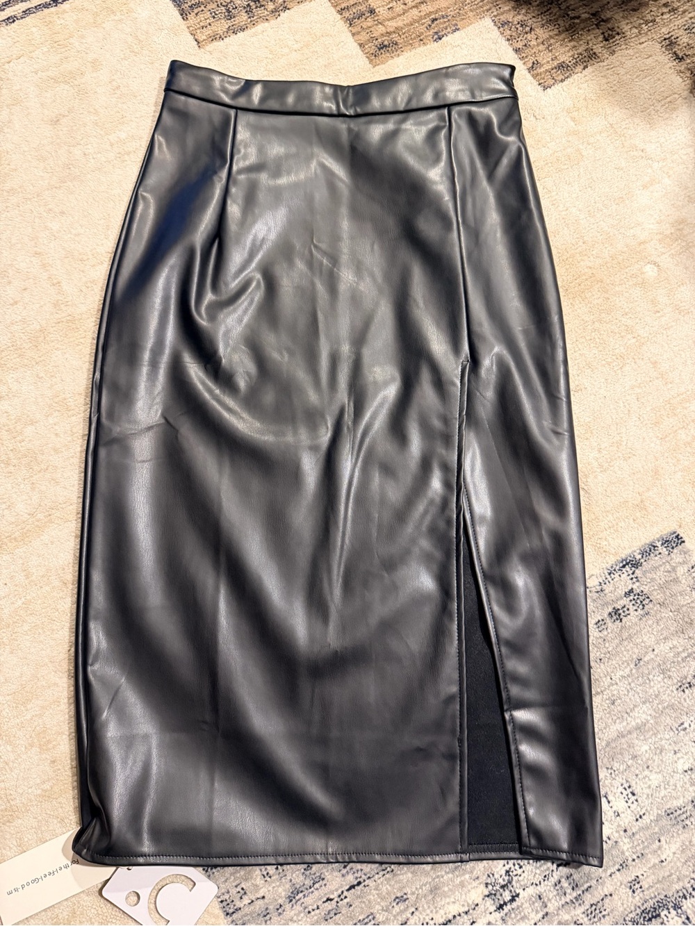 Commense Black Faux Leather Midi Skirt with Side Slit